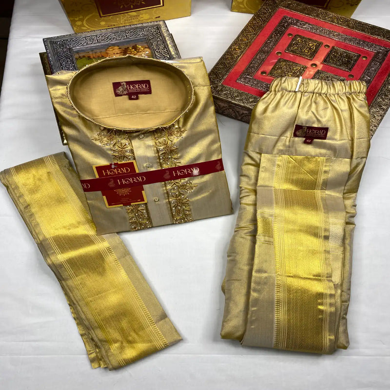 Horad Premium Art Silk Tissue Gold Emboss Long Kurta + Kache Panche + Angavastram