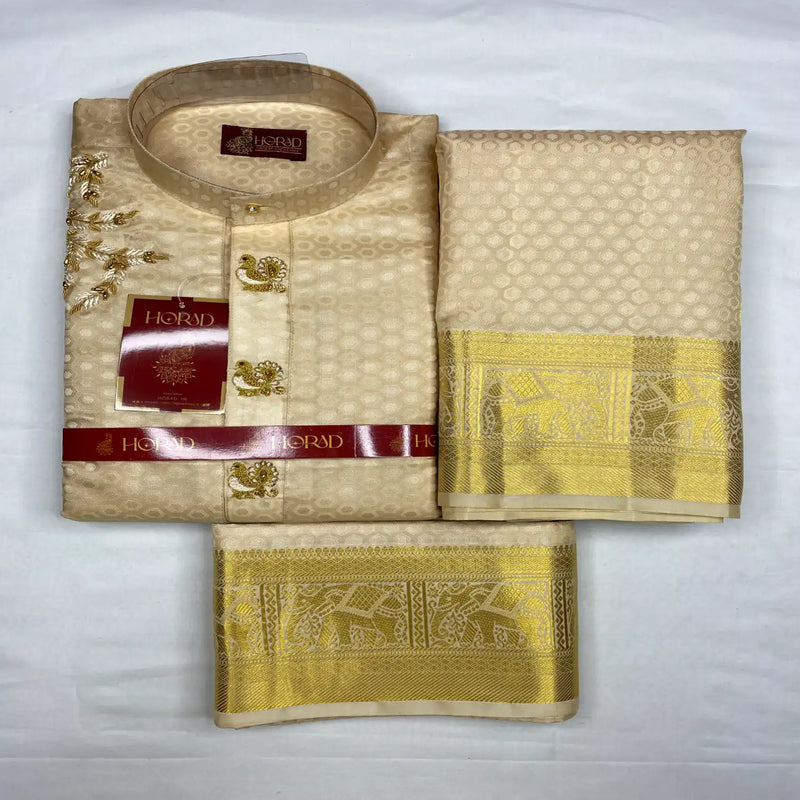 Horad Pure Silk Gold Emboss Elephant Border Wedding Set Aari Work Short Kurta + Dhoti + Angavastram
