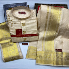 Horad Pure Silk Gold Emboss Elephant Border Wedding Set Aari Work Short Kurta + Dhoti + Angavastram