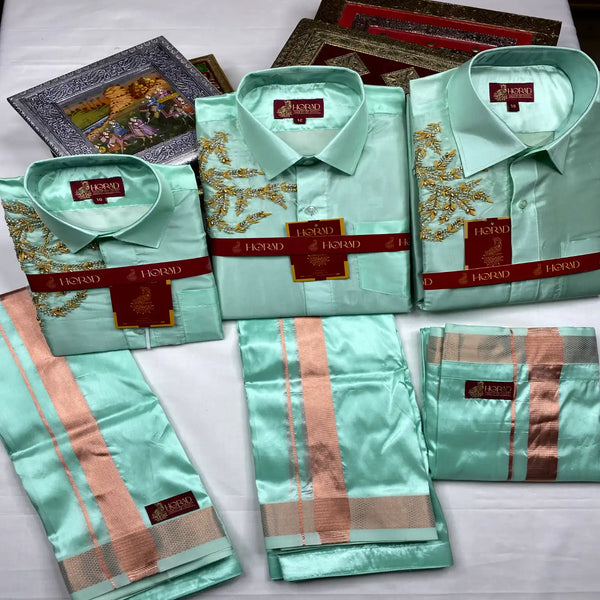 Horad Premium Art Silk Mint Leaf Aari Work Fullsleeve shirt + Welcro Dhoti