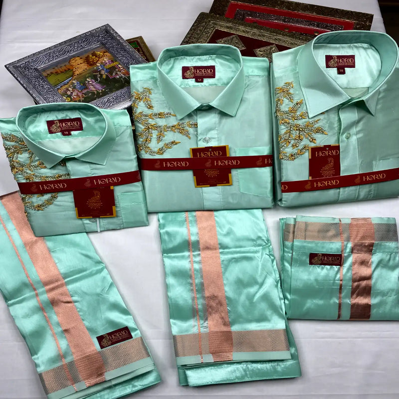 Horad Premium Art Silk Mint Leaf Aari Work Fullsleeve shirt + Welcro Dhoti