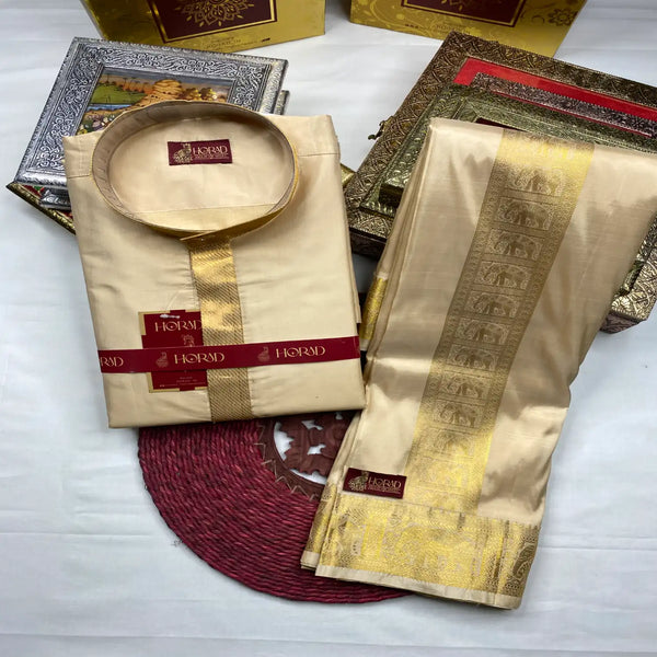 Horad Pure Silk Blend Gold Emboss 3 Inch Elephant Border Wedding Set Short Kurta + Dhoti