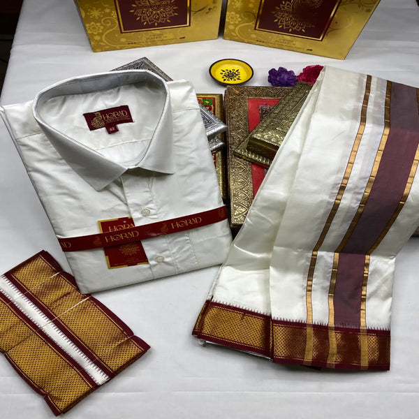 Horad Pure Silk Cream Maroon Border Wedding Set Fullsleeve Shirt + Dhoti + Angavastram