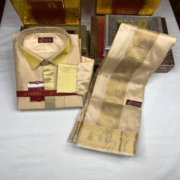 Horad Pure Silk Blend Gold Emboss 3 Inch Elephant Border Wedding Set Fullsleeve + Dhoti