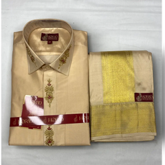 Horad Pure Silk Blend Gold Wedding Set Aari Work Fullsleeve shirt + Dhoti + Angavastram