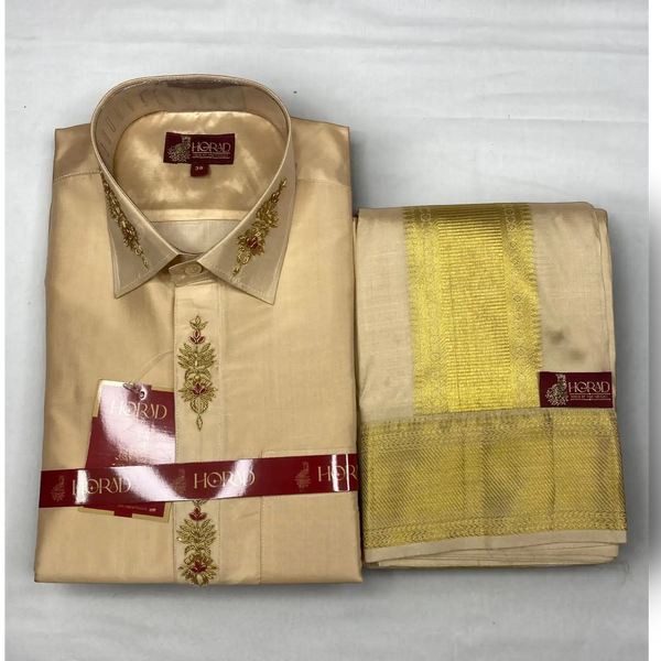 Horad Pure Silk Blend Gold Wedding Set Aari Work Fullsleeve shirt + Dhoti + Angavastram