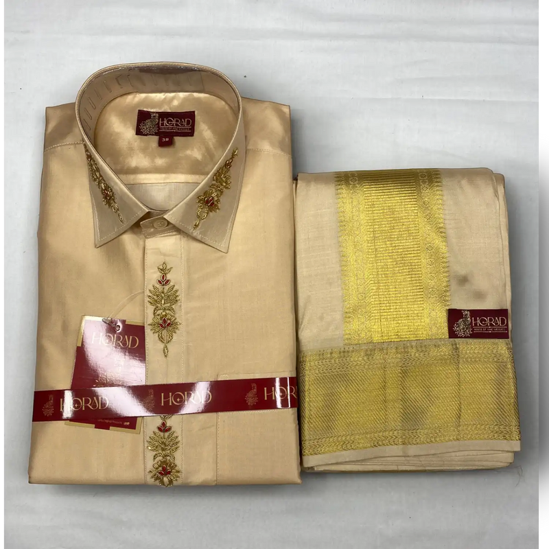 Horad Pure Silk Blend Gold Wedding Set Aari Work Fullsleeve shirt + Dhoti + Angavastram