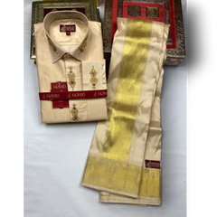 Horad Pure Silk Blend Gold Wedding Set Aari Work Fullsleeve shirt + Dhoti + Angavastram