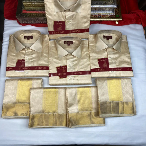 Horad Pure Silk Blend Gold Emboss 3 Inch Wedding set Fullsleeve + Dhoti