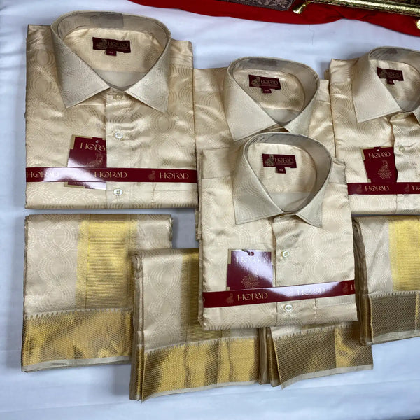 Horad Pure Silk Blend Gold Emboss 3 Inch Wedding set Fullsleeve + Dhoti