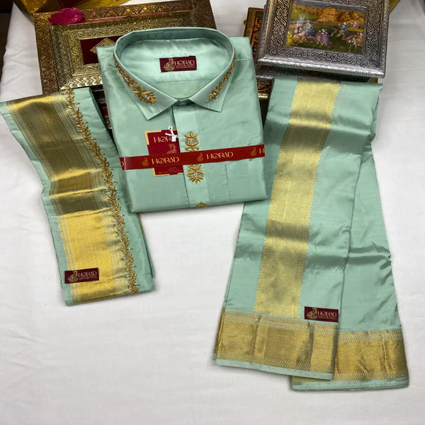 Horad Pure Silk Blend  Pista Green 3 Inch Border Wedding Set Aari Work Fullsleeve + Dhoti + Angavastram