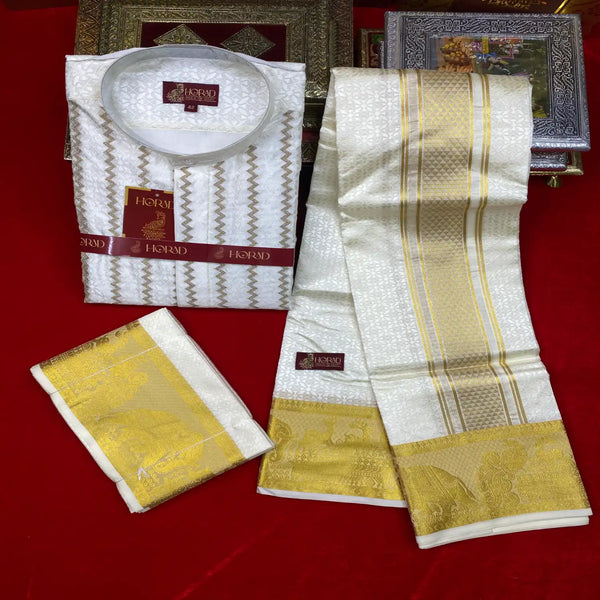 Horad Premium Art Silk Cream Emboss Elephant Border Long Kurta + Kache Panche + Angavastram