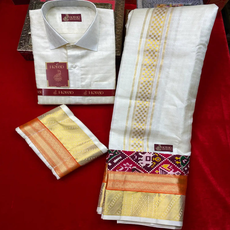 Horad Pure Silk 6 Inch Cream Emboss Wedding Set  Full Sleeves Shirt + Dhoti + Angavastram