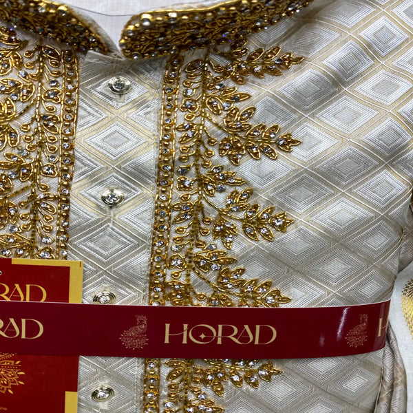 Horad Pure Silk Gold Tissue Wedding Set Aari Work Short Kurta + Dhoti + Angavastram