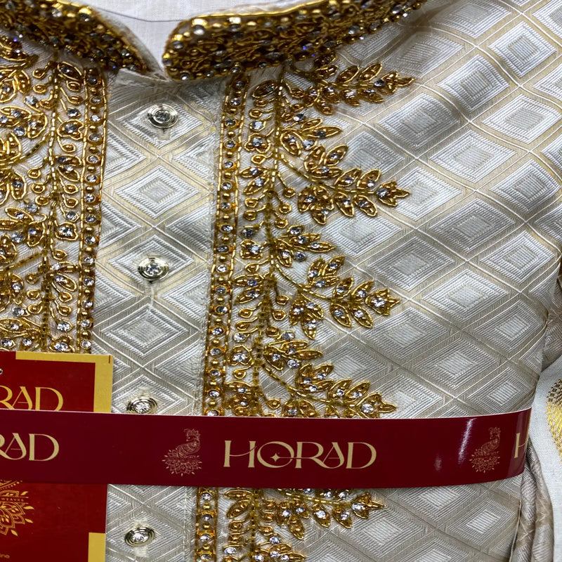 Horad Pure Silk Gold Tissue Wedding Set Aari Work Short Kurta + Dhoti + Angavastram