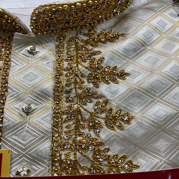 Horad Pure Silk Gold Tissue Wedding Set Aari Work Short Kurta + Dhoti + Angavastram