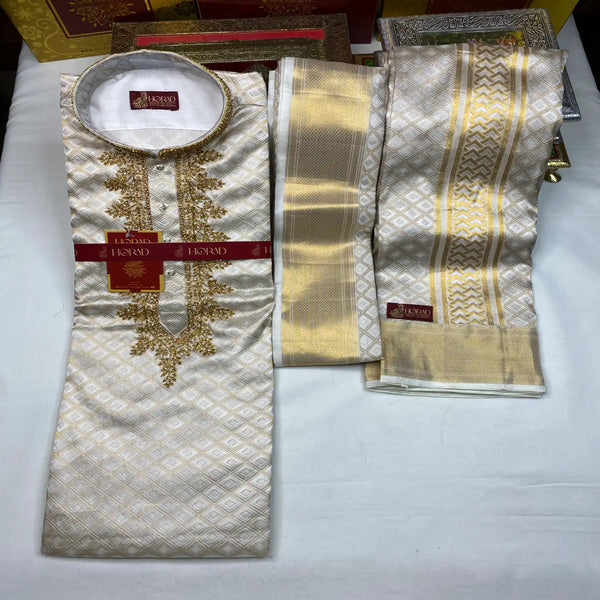 Horad Pure Silk Gold Tissue Wedding Set Aari Work Short Kurta + Dhoti + Angavastram