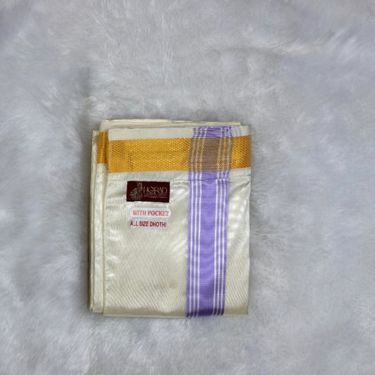Horad Premium Art Silk Cream with Lavender+Gold Border Welcro Dhoti