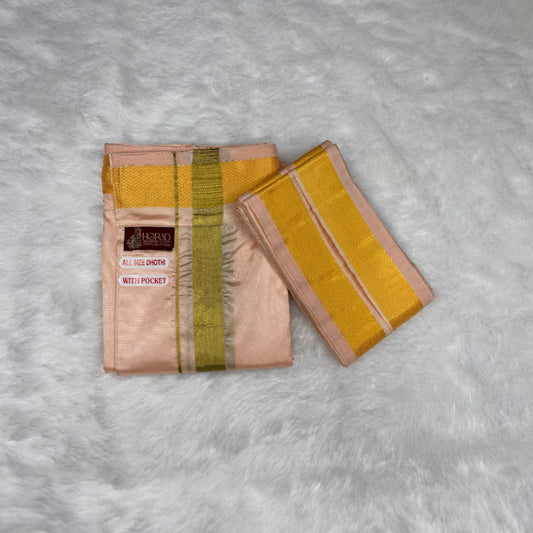 Horad Premium Art Silk Rose Gold Welcro Dhoti + Angavastram