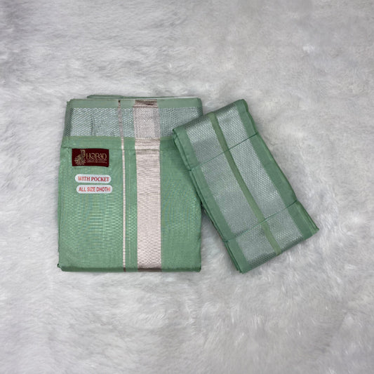 Horad Premium Art Silk Pista Green Welcro Dhoti + Angavastram