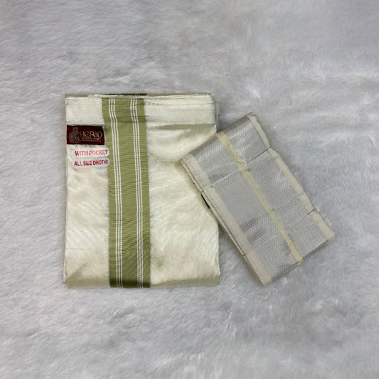 Horad Premium Art Silk Cream with FIR.Green+Silver Border Welcro Dhoti + Angavastram