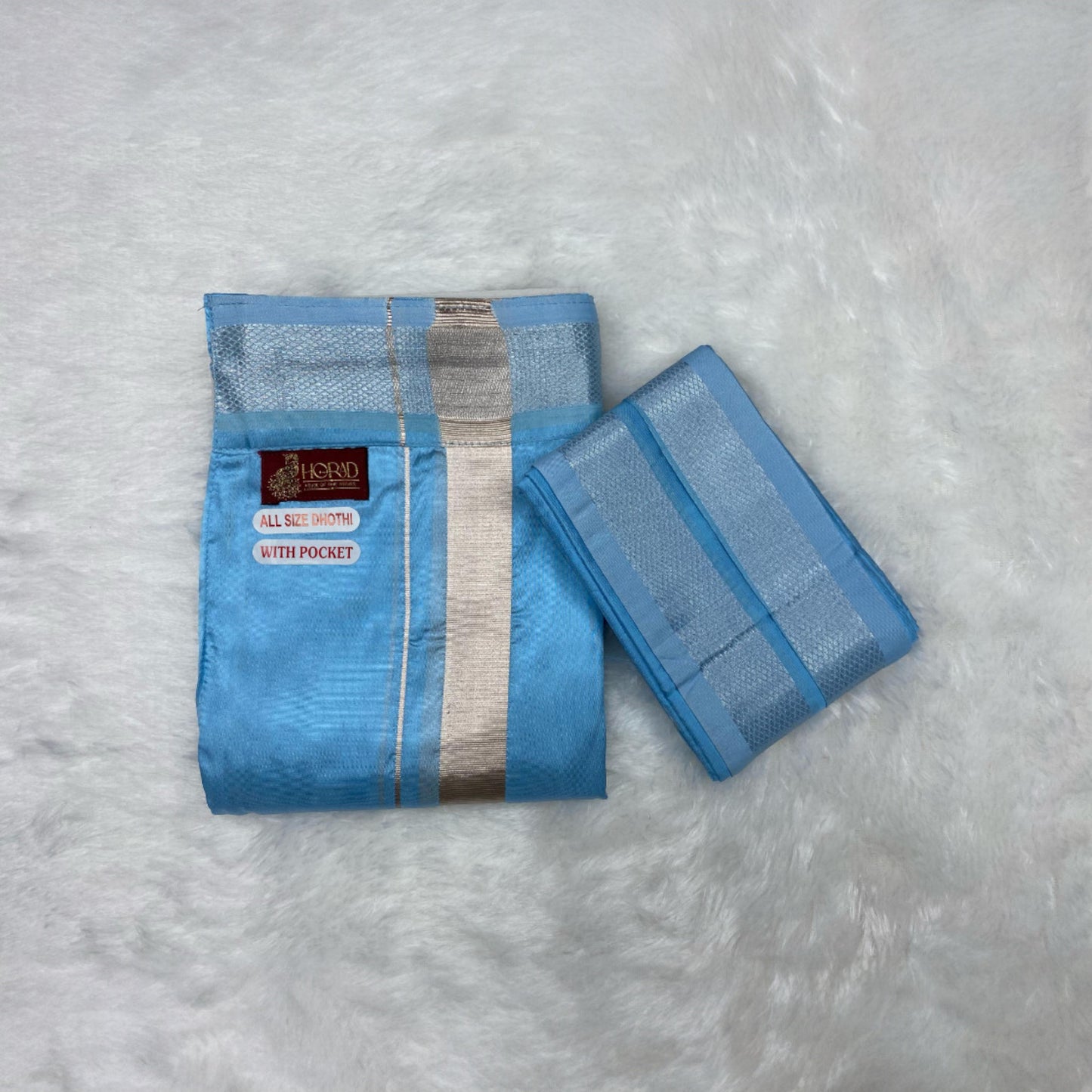 Horad Premium Art Silk Sky Blue Welcro Dhoti + Angavastram