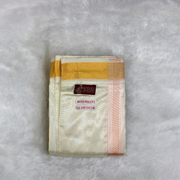 Horad Premium Art Silk Dad and Son Cream Shirt + Cream with RoseGold+Gold Border Welcro Dhoti + Angavastram