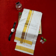 Horad Silk Blend Cream 1.50” Dhoti + Shirt Material + Angavastram (8X4)