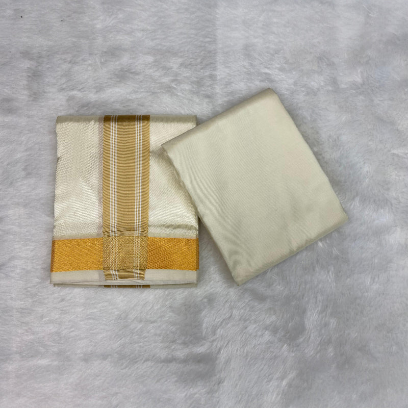 HORAD Premium Art Silk Cream with Gold Border Dhoti with Cream Shirt Material