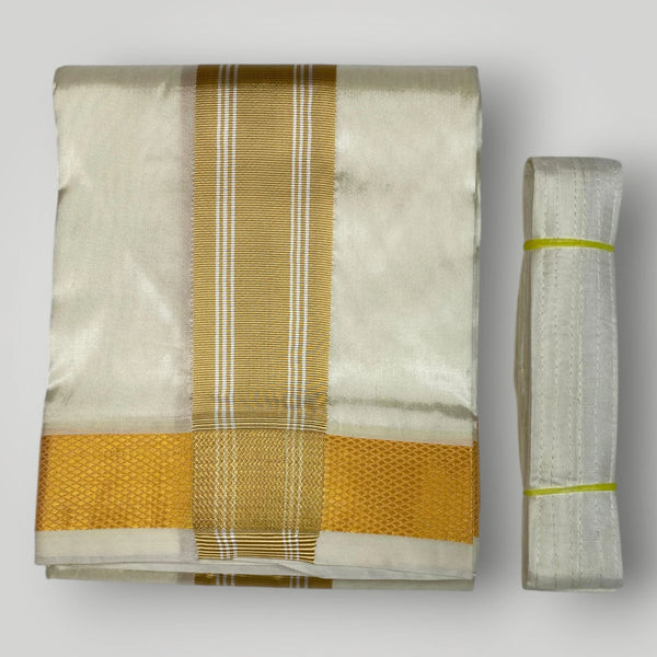 Horad Premium Art Silk Light Gold  Shirt + Cream with Gold Border Dhoti + Angavastram + Belt