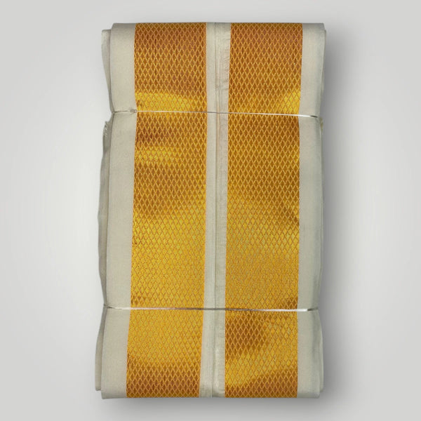 Horad Premium Art Silk Light Gold Shirt + Cream with Gold Border Dhoti + Angavastram