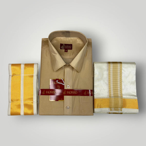 Horad Premium Art Silk Light Gold Shirt + Cream with Gold Border Dhoti + Angavastram