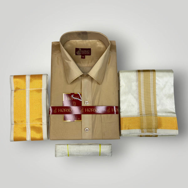 Horad Premium Art Silk Light Gold  Shirt + Cream with Gold Border Dhoti + Angavastram + Belt