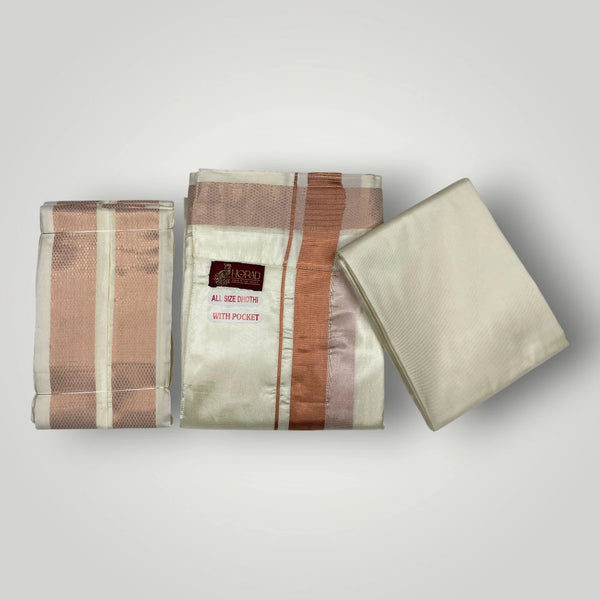 HORAD Premium Art Silk Cream with Copper Welcro Dhoti with Cream Shirt Material + Angavastram