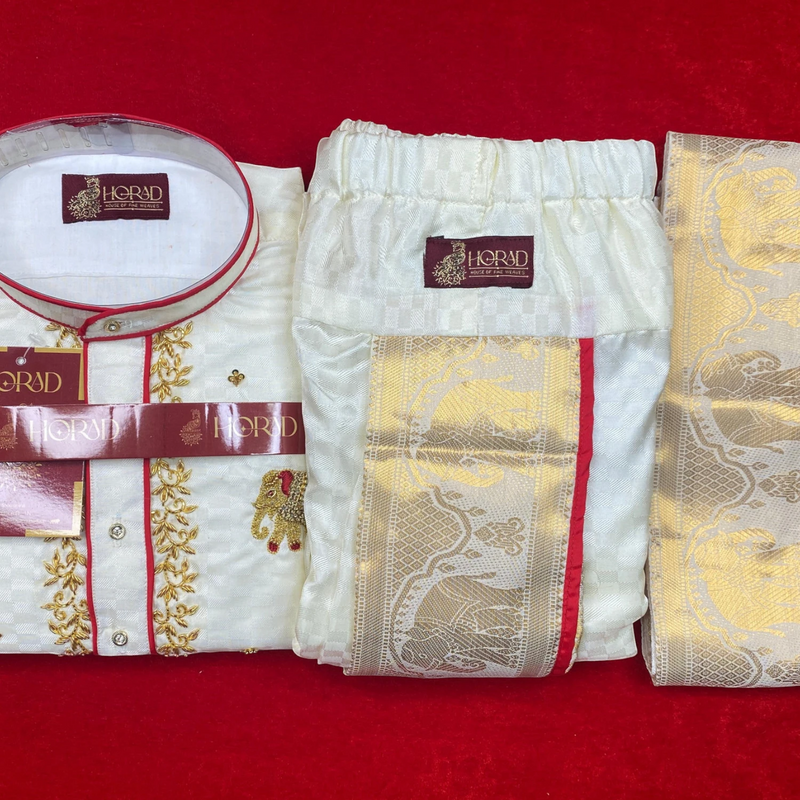 Horad Premium Art Silk Cream Emboss Elephant Border Kids Long Kurta + Kache Panche + Border Angavastram