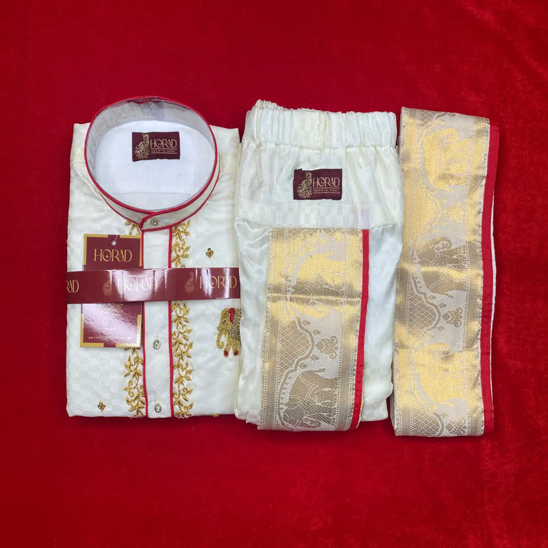Horad Premium Art Silk Cream Emboss Elephant Border Long Kurta + Kache Panche + Angavastram