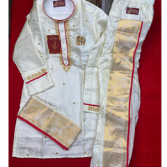 Horad Premium Art Silk Cream Emboss Elephant Border Kids Long Kurta + Kache Panche + Border Angavastram
