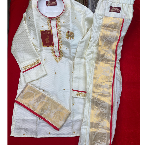Horad Premium Art Silk Cream Emboss Elephant Border Kids Long Kurta + Kache Panche + Border Angavastram