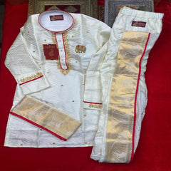 Horad Premium Art Silk Cream Emboss Elephant Border Long Kurta + Kache Panche + Angavastram