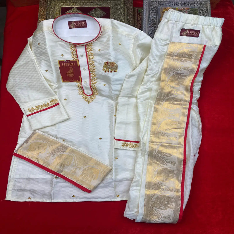 Horad Premium Art Silk Cream Emboss Elephant Border Long Kurta + Kache Panche + Angavastram