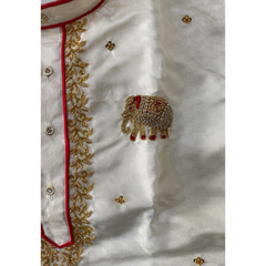 Horad Premium Art Silk Cream Emboss Elephant Border Kids Long Kurta + Kache Panche + Border Angavastram