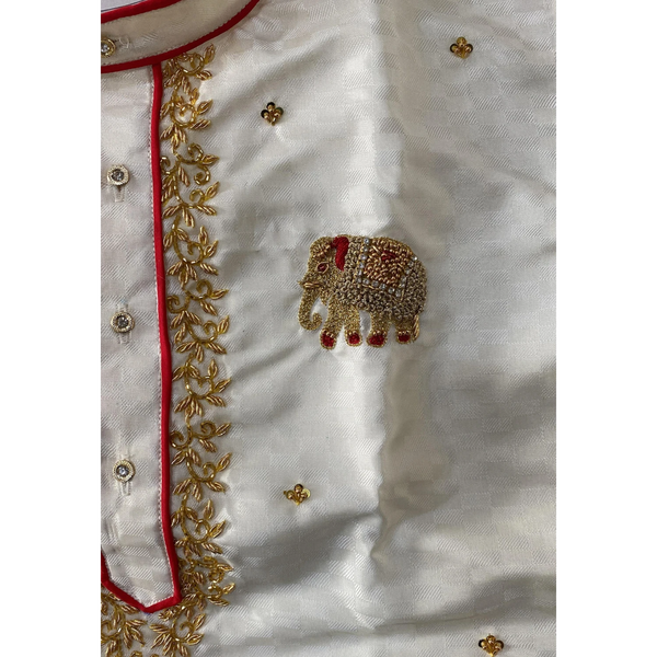 Horad Premium Art Silk Cream Emboss Elephant Border Kids Long Kurta + Kache Panche + Border Angavastram