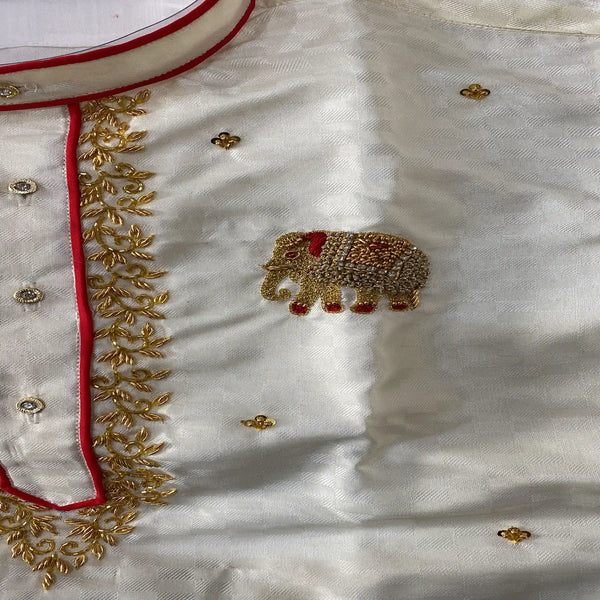Horad Premium Art Silk Cream Emboss Elephant Border Long Kurta + Kache Panche + Angavastram