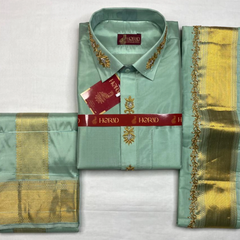 Horad Pure Silk Blend  Pista Green 3 Inch Border Wedding Set Aari Work Fullsleeve + Dhoti + Angavastram