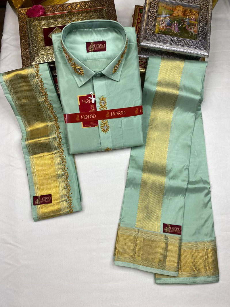 Horad Pure Silk Blend  Pista Green 3 Inch Border Wedding Set Aari Work Fullsleeve + Dhoti + Angavastram