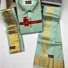 Horad Pure Silk Blend  Pista Green 3 Inch Border Wedding Set Aari Work Fullsleeve + Dhoti + Angavastram