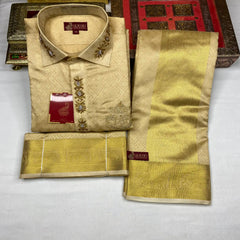 Horad Premium Art Silk Gold  Emboss  Elephant Border Wedding set Fullsleeve shirt + Dhoti + Angavastram