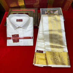 Horad Premium Art Silk Cream Triangle Emboss  Elephant Border Fullsleeve shirt + Dhoti