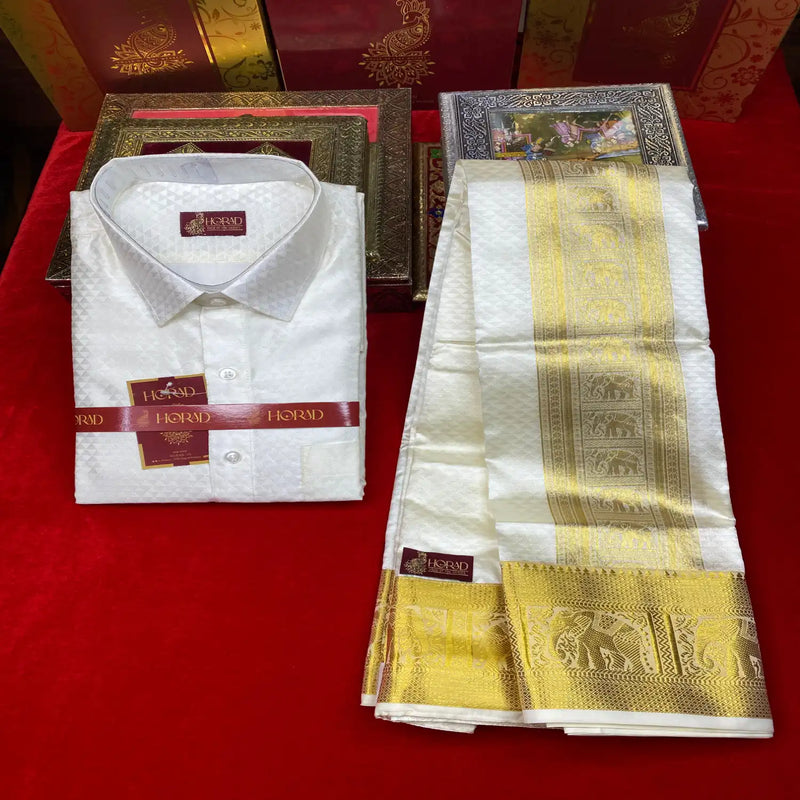 Horad Premium Art Silk Cream Triangle Emboss  Elephant Border Fullsleeve shirt + Dhoti