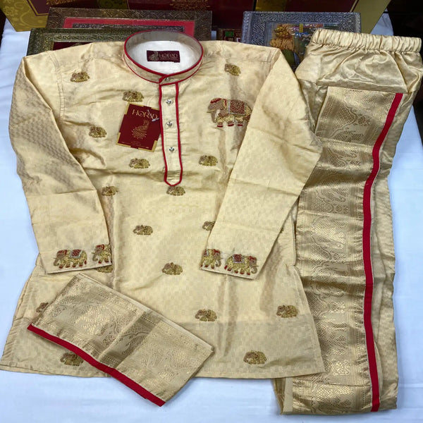 Horad Premium Art Silk Gold Emboss Elephant Border Kids Long Kurta + Kache Panche + Border Angavastram